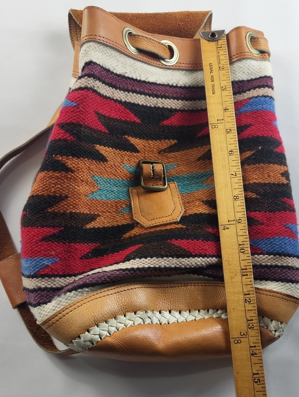Vintage Southwestern Woven Wool & Leather Backpack Boho - Picture 6 of 8